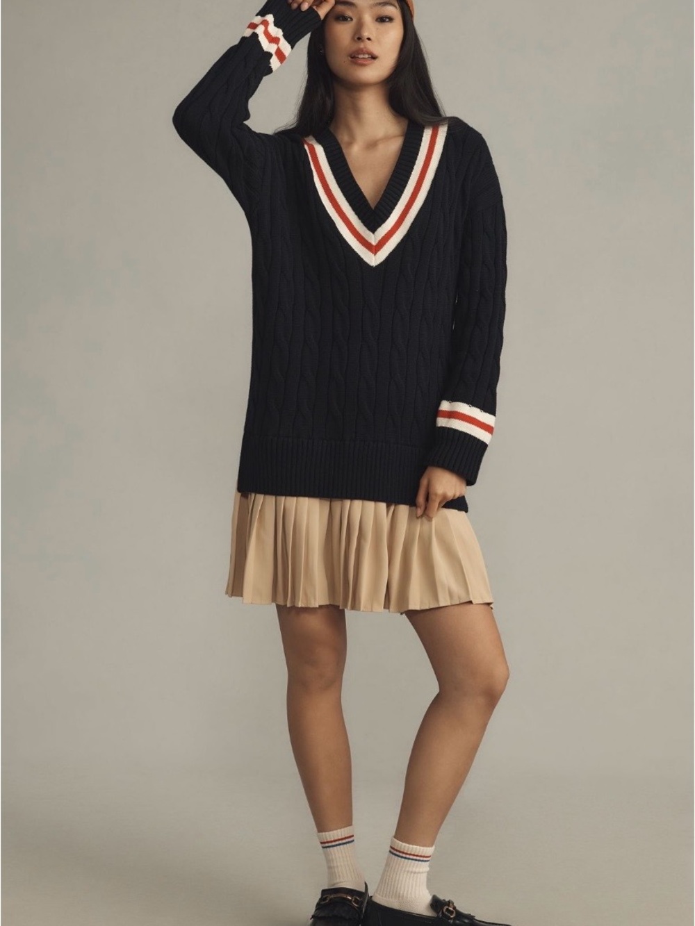 Anthropologie English Factory Navy Cable Knit V-Neck Sweater Dress